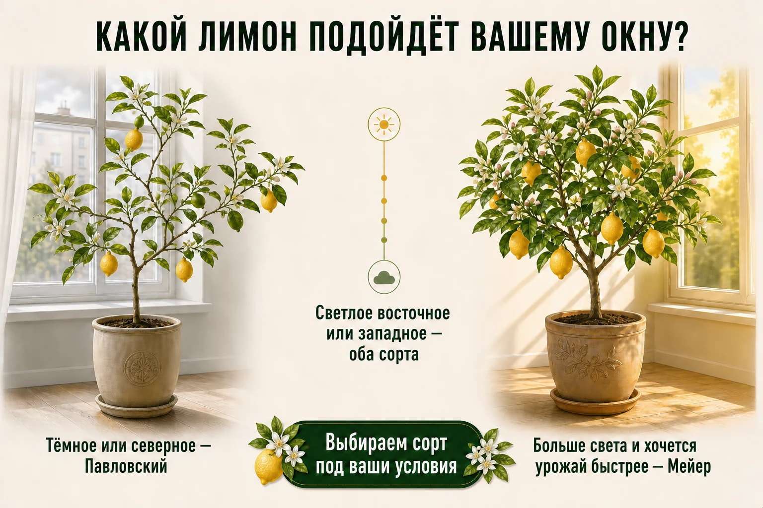 Плодоносящие лимоны Павловский у северного окна и Мейер у яркого восточного или западного окна