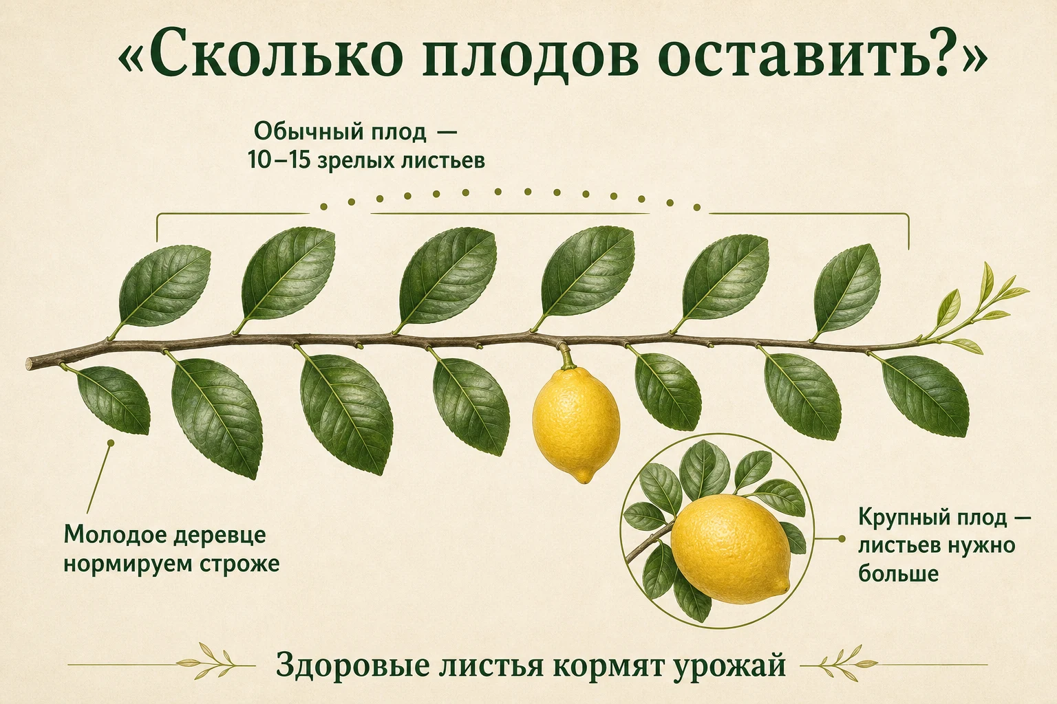 Один плод лимона и десять–пятнадцать зрелых листьев на плодоносящей ветви