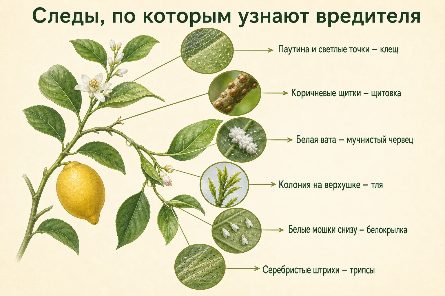 Паутина, щитки, белая вата, тля, белокрылка и серебристые штрихи трипсов на лимоне