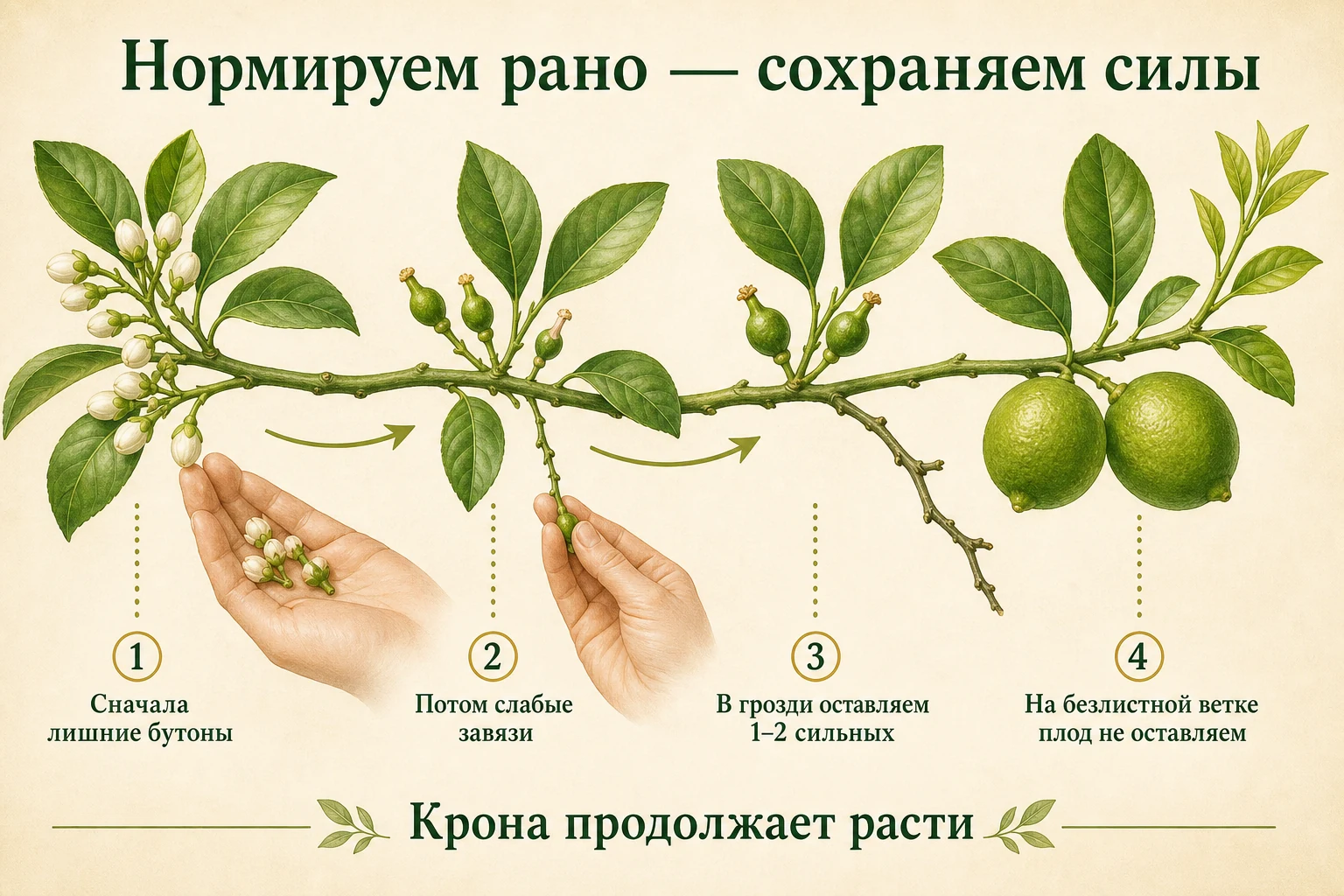 Последовательное прореживание бутонов и завязей до одного–двух сильных плодов
