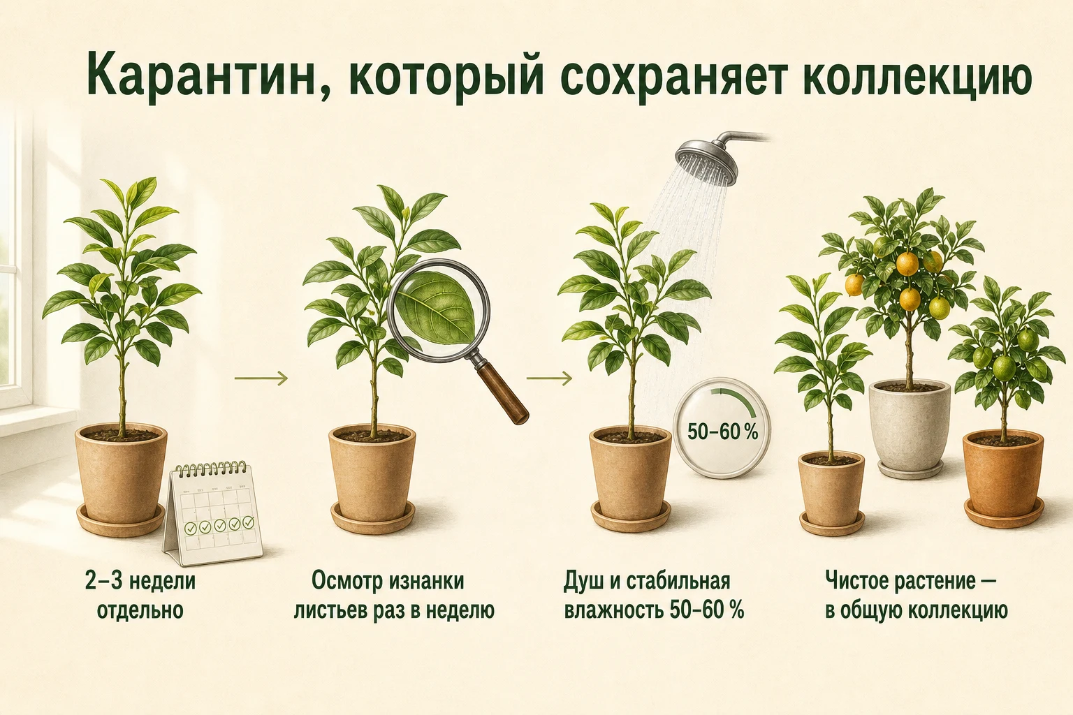Карантин нового цитруса на две-три недели с осмотром листьев и стабильным уходом
