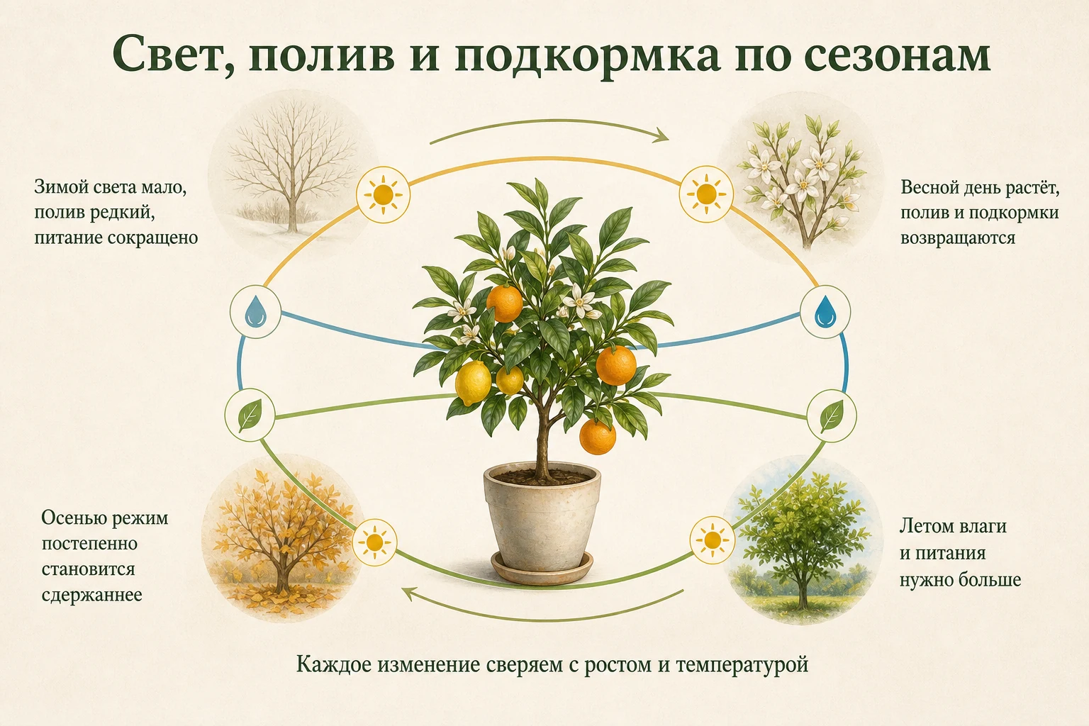 Изменение света, полива и подкормок комнатного цитруса по сезонам