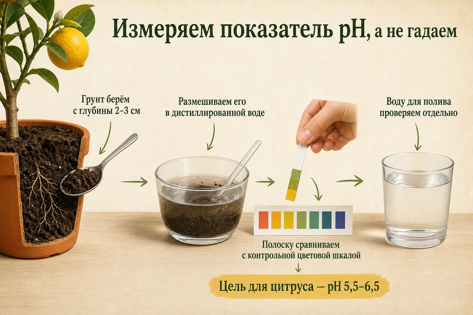 Измерение pH почвенной суспензии и поливной воды для комнатного цитруса