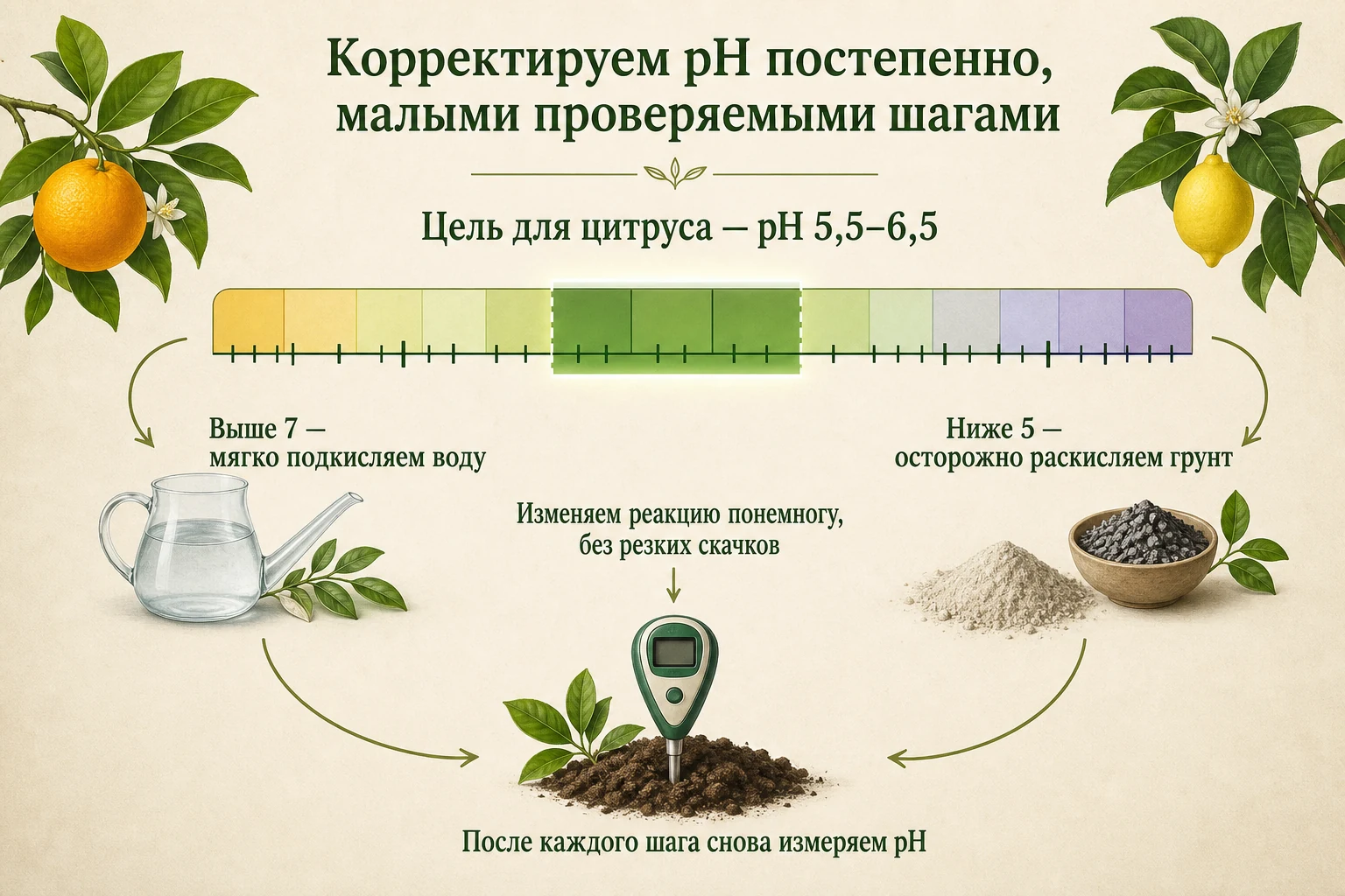 Постепенная коррекция кислотности грунта цитруса к диапазону pH 5,5–6,5