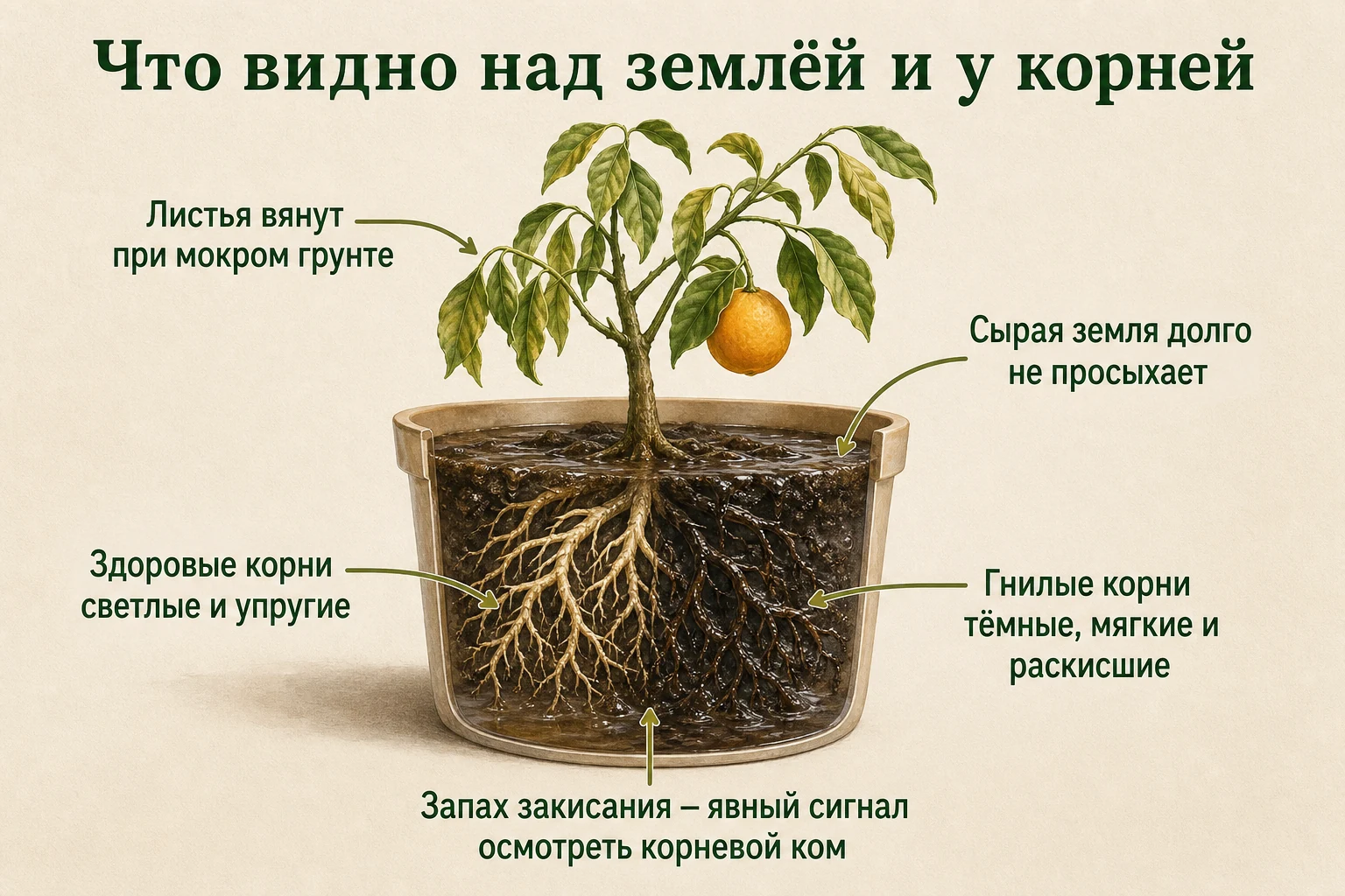 Надземные и корневые признаки корневой гнили у комнатного цитруса