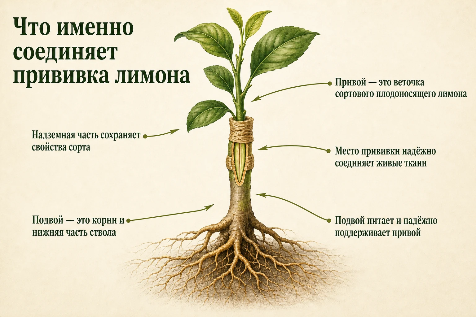 Устройство прививки лимона с подвоем, сортовым привоем и местом срастания