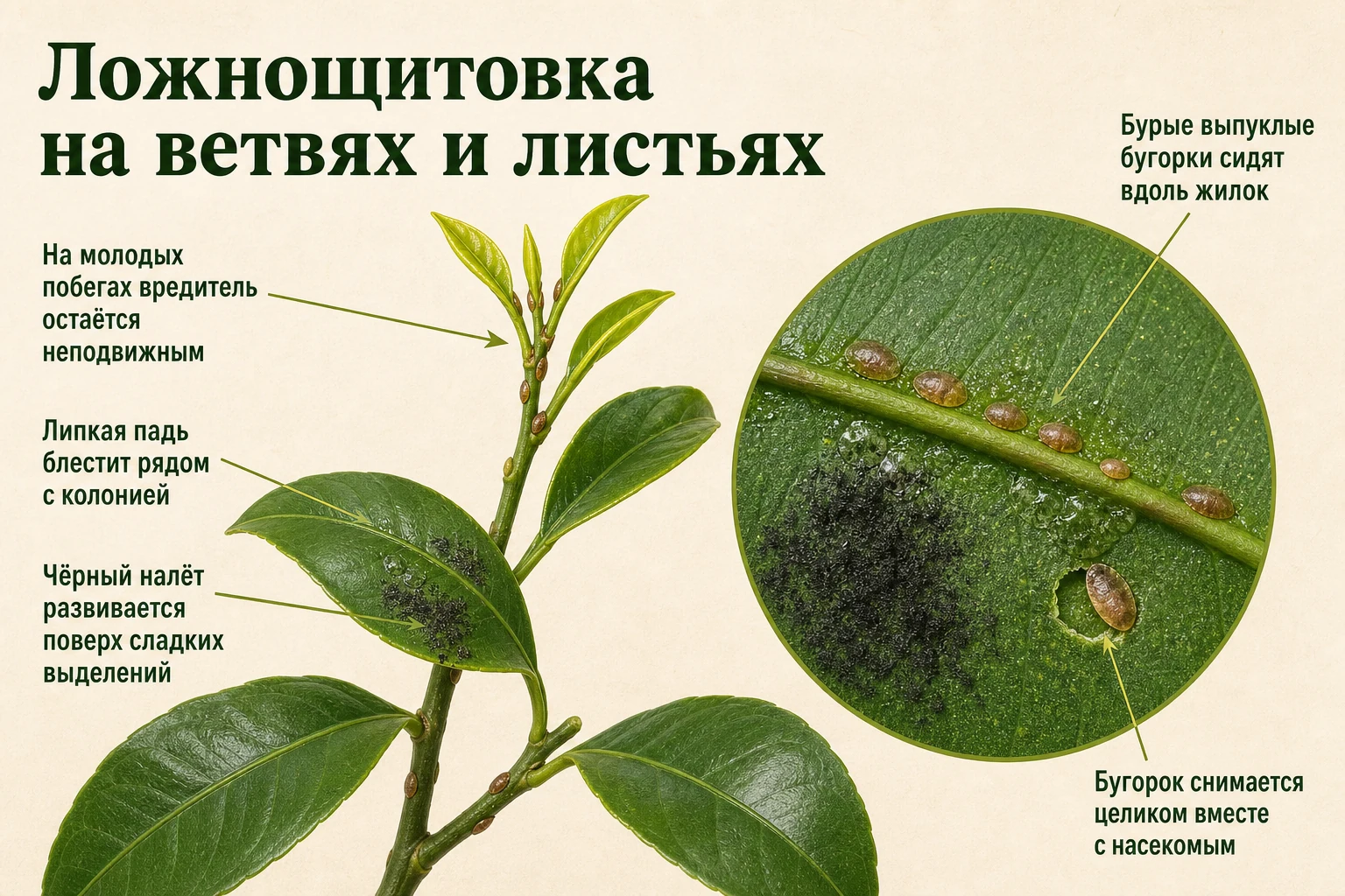 Бурые бугорки ложнощитовки, липкая падь и сажистый налёт на цитрусе