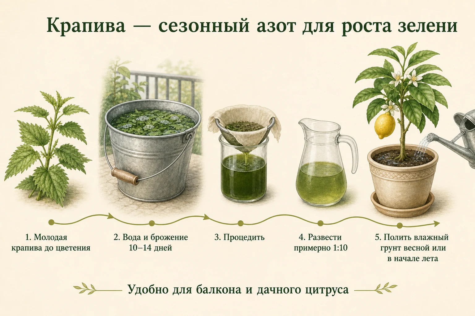Пять этапов приготовления настоя крапивы от молодой зелени и брожения до разведения и полива цитруса