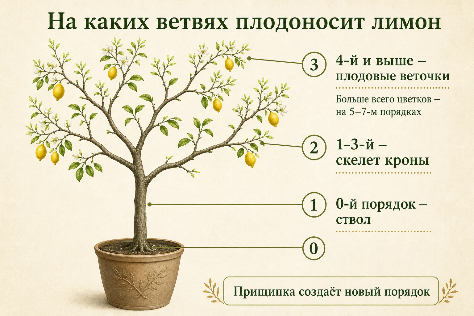 Порядки ветвления лимона от ствола до плодовых веточек