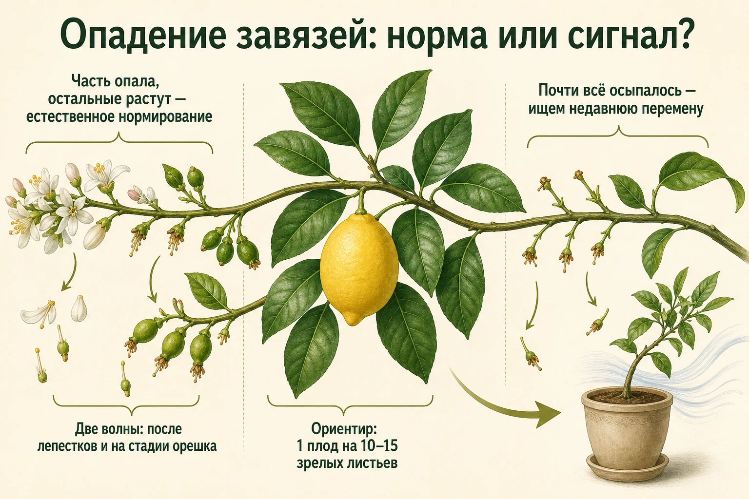 Нормальное и массовое опадение завязей лимона на одной плодоносящей ветви
