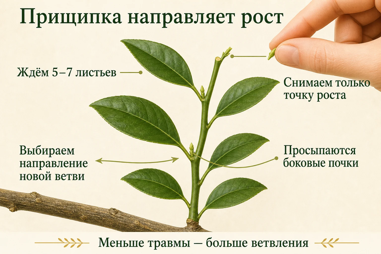 Удаление мягкой точки роста у побега лимона с пятью–семью листьями