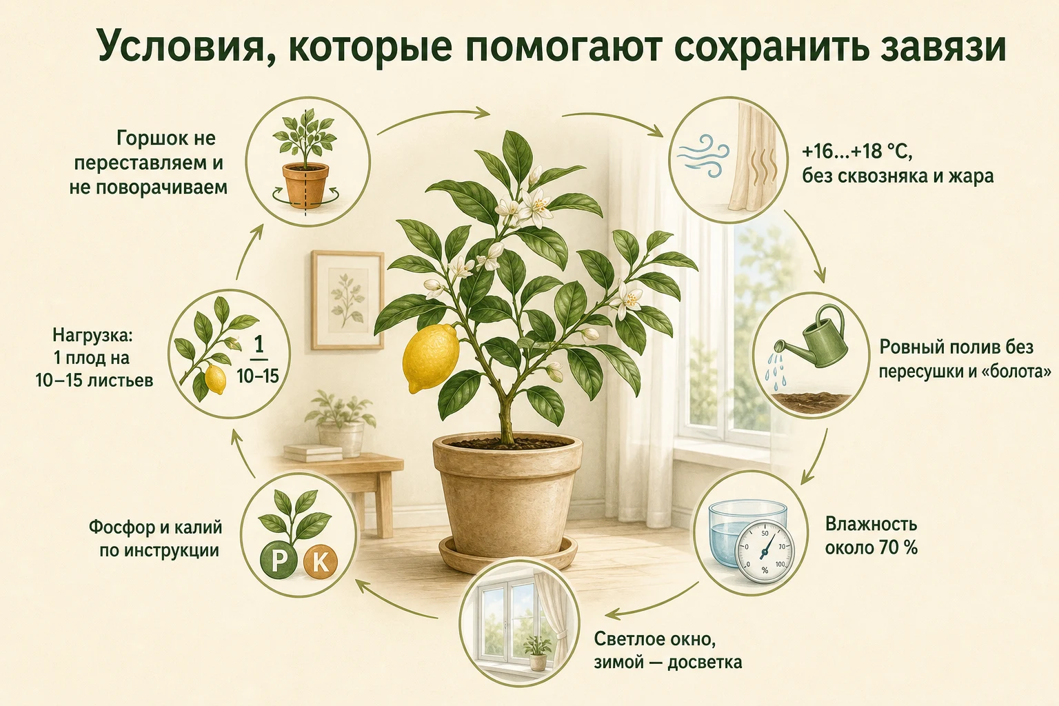 Свет, температура, полив, влажность и нагрузка для сохранения завязей комнатного лимона