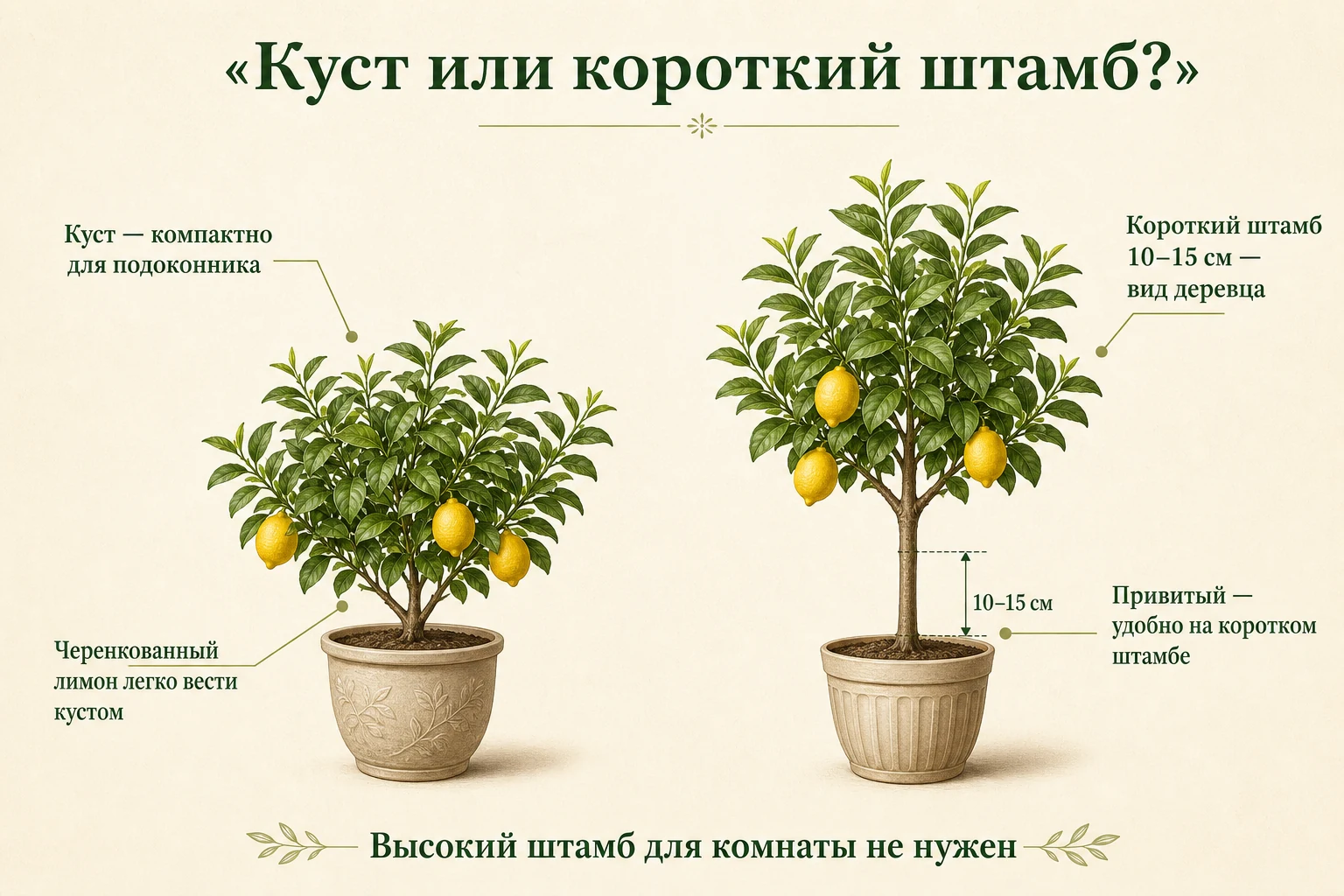 Сравнение лимона в форме низкого куста и деревца на штамбе 10–15 см