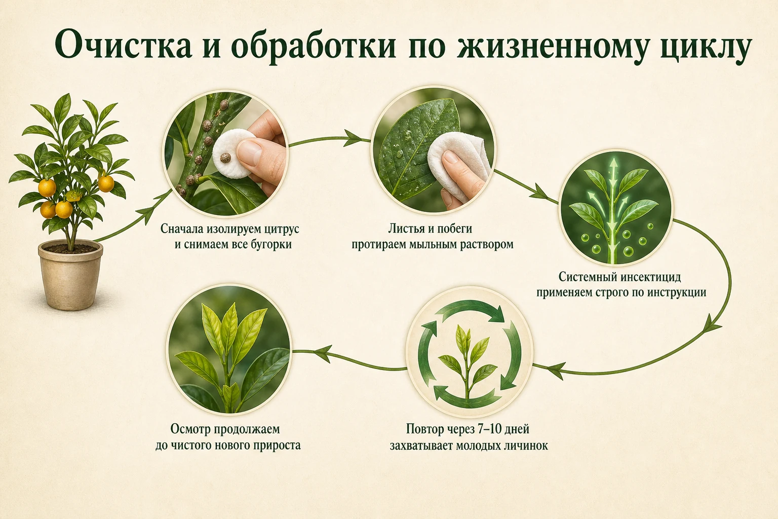 Последовательность очистки и повторных обработок цитруса от ложнощитовки