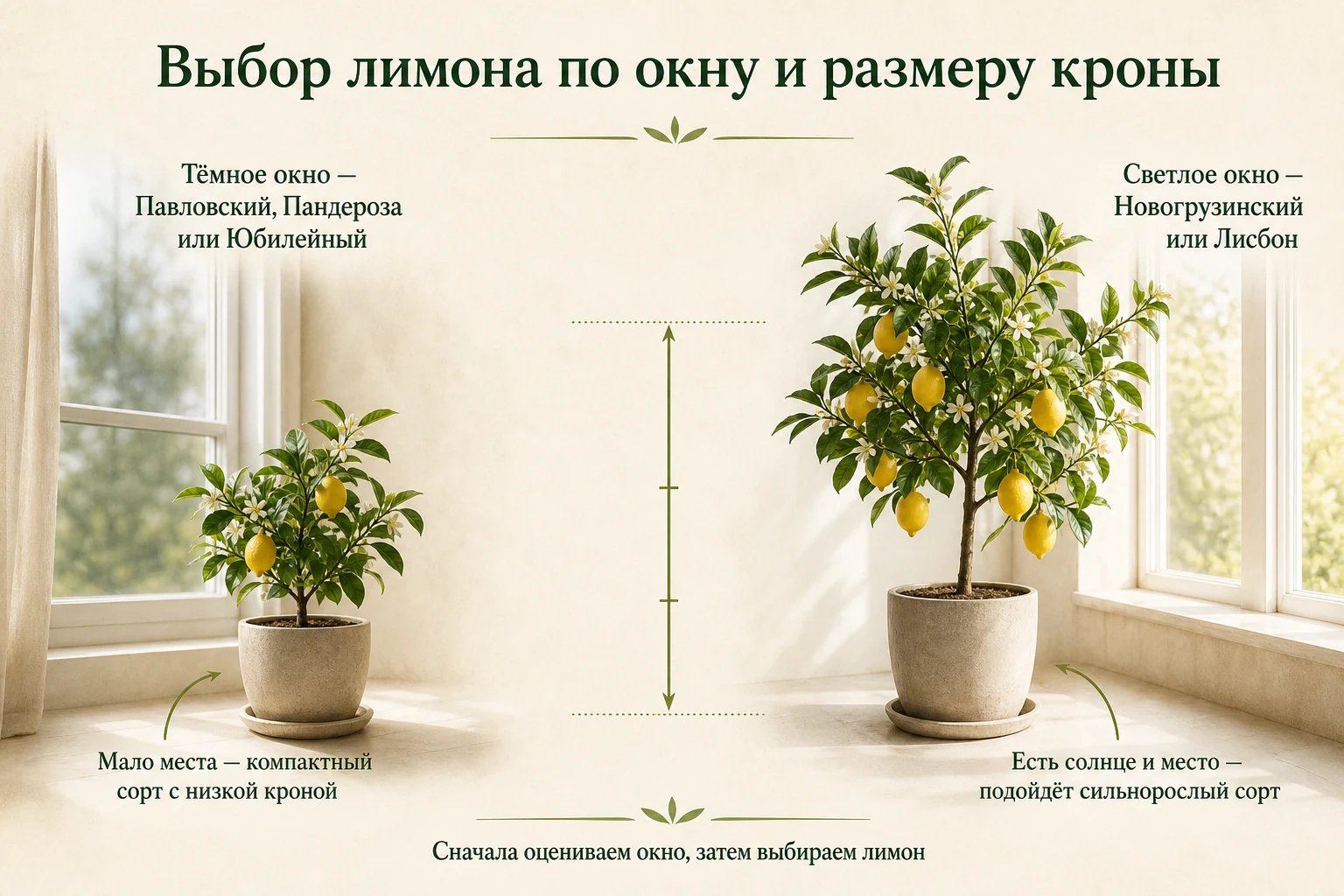Выбор сорта лимона для тёмного или светлого окна и доступного размера кроны