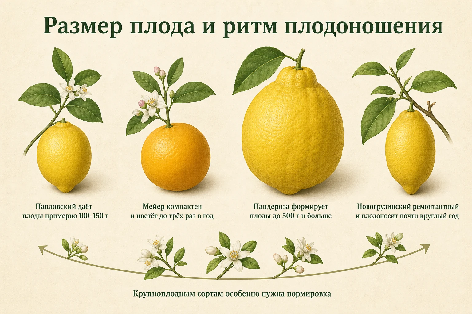 Сравнение размера плодов и ритма плодоношения квартирных сортов лимона