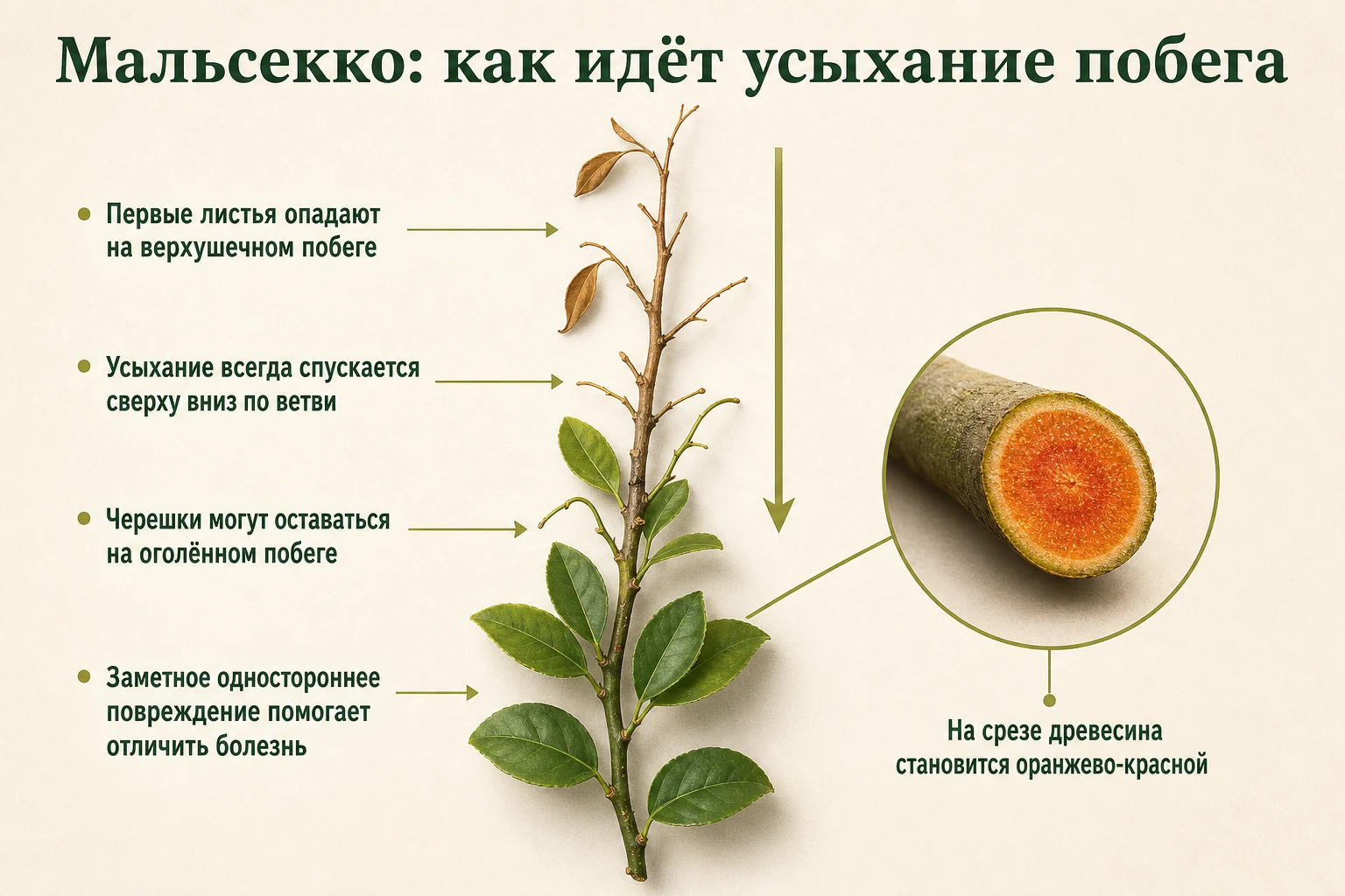 Усыхание побега сверху вниз и оранжево-красная древесина при мальсекко