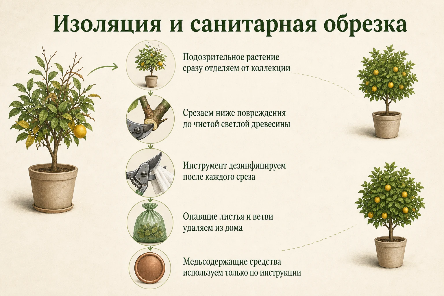 Изоляция и санитарная обрезка цитруса при подозрении на мальсекко