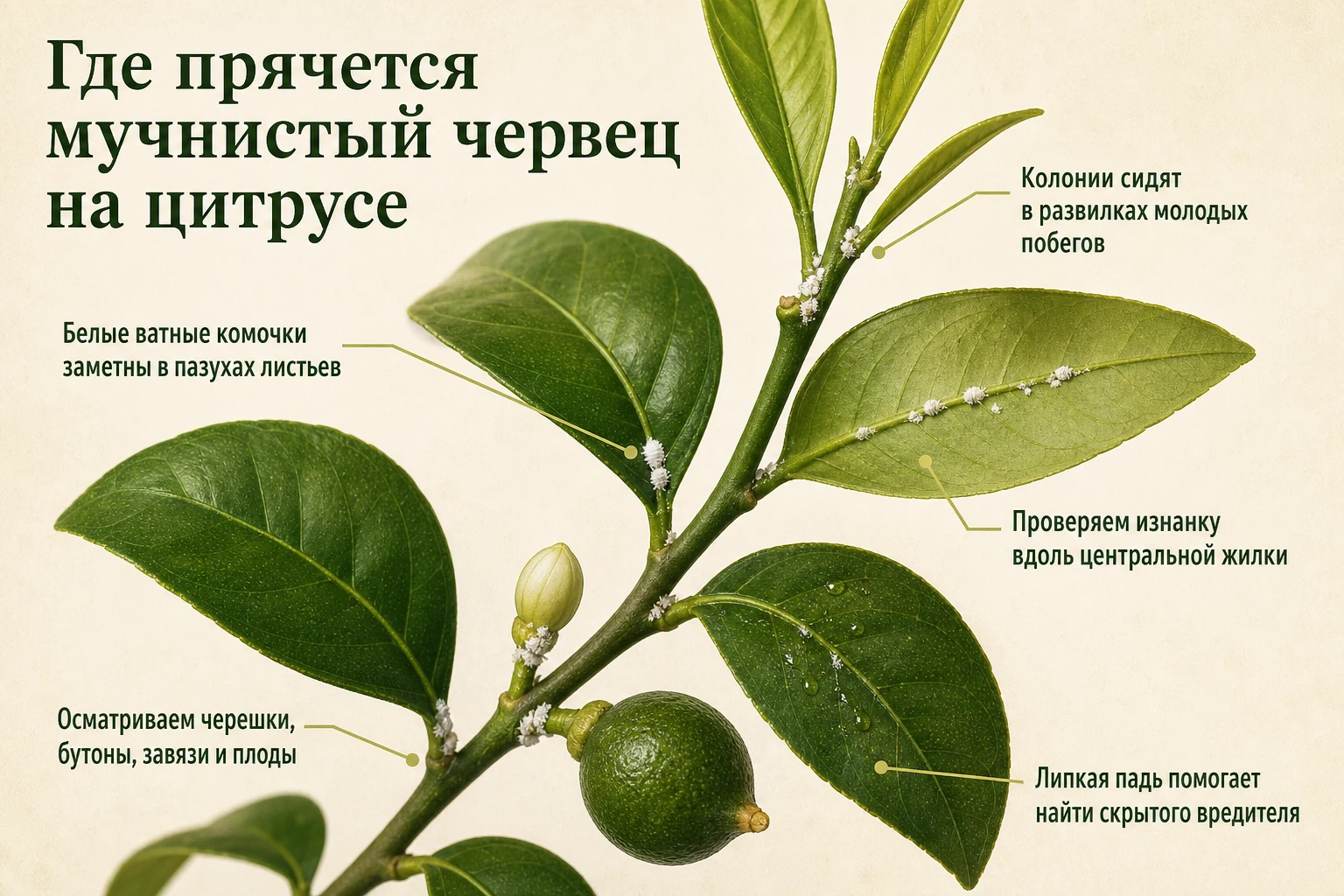Места скопления мучнистого червеца на листьях, побегах, бутонах и плодах цитруса