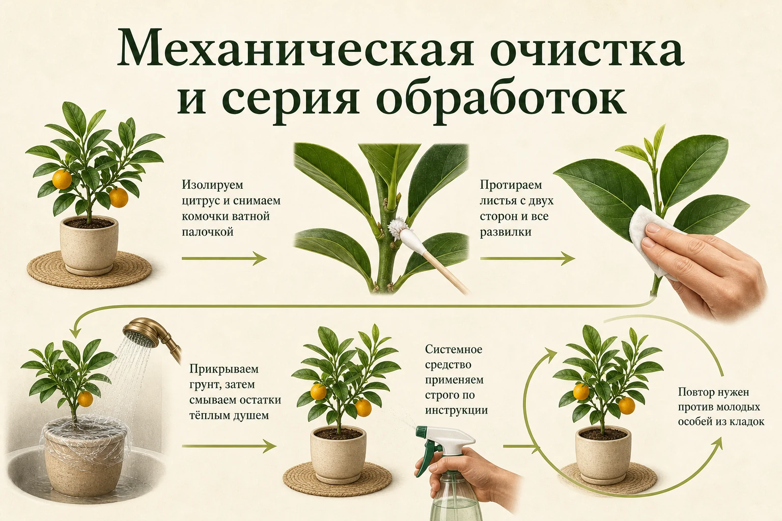 Механическая очистка и повторные обработки цитруса от мучнистого червеца