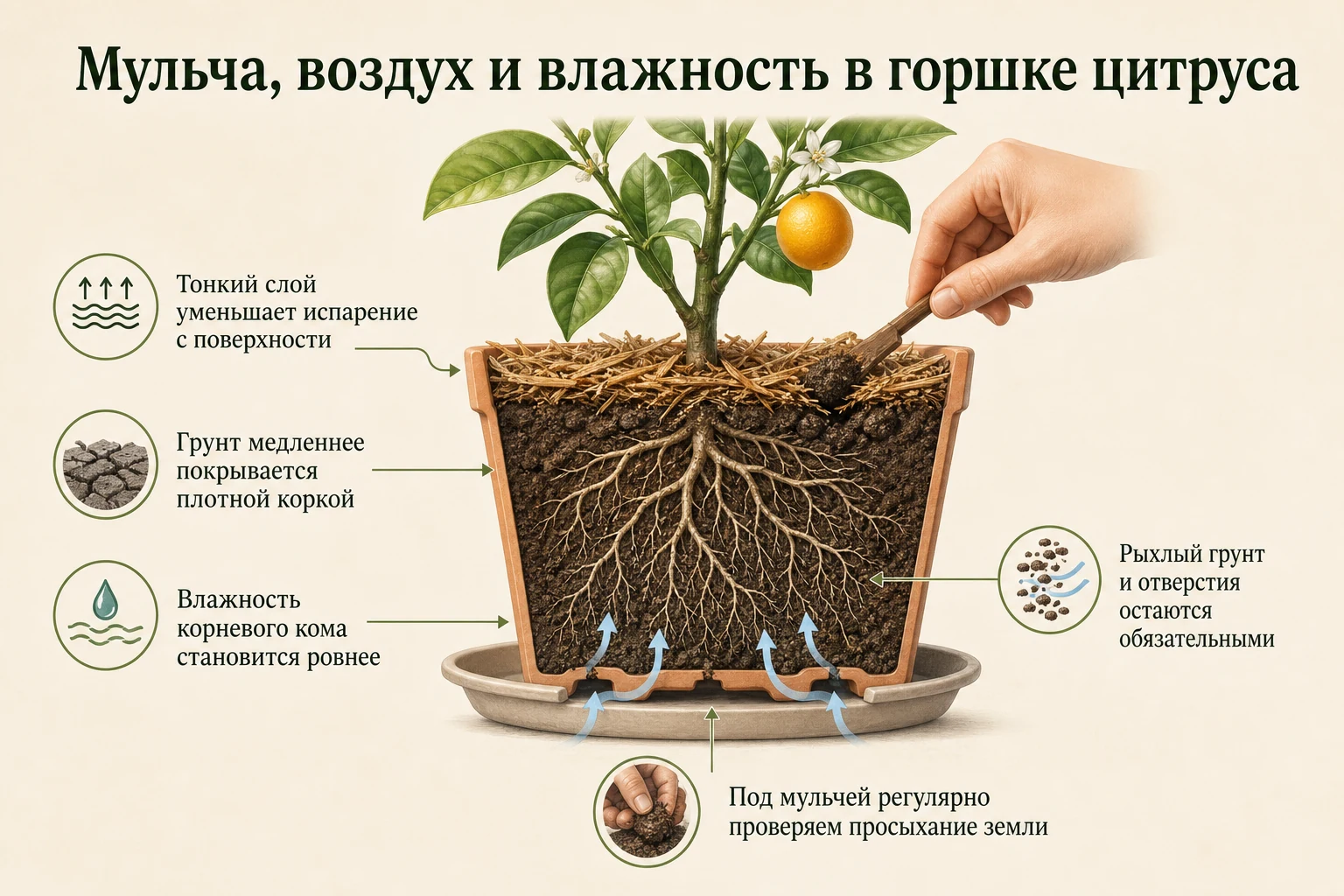 Влияние тонкого слоя мульчи на воздух и влажность грунта в горшке цитруса