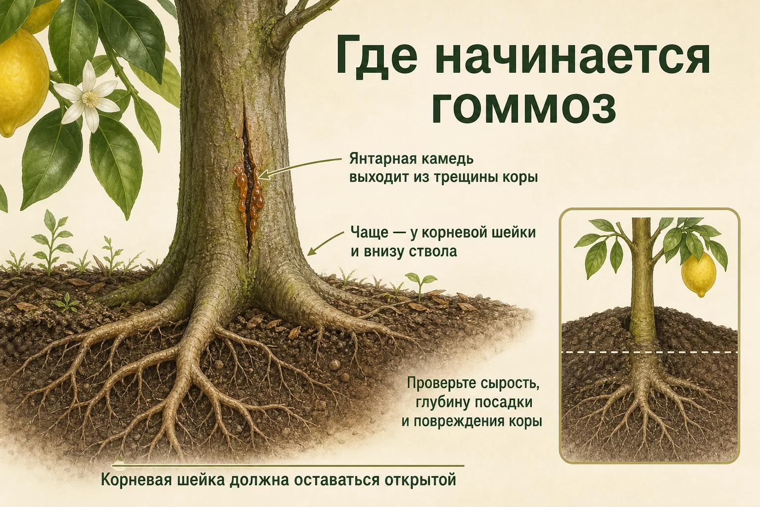 Камедь из трещины у корневой шейки лимона и правильная глубина посадки
