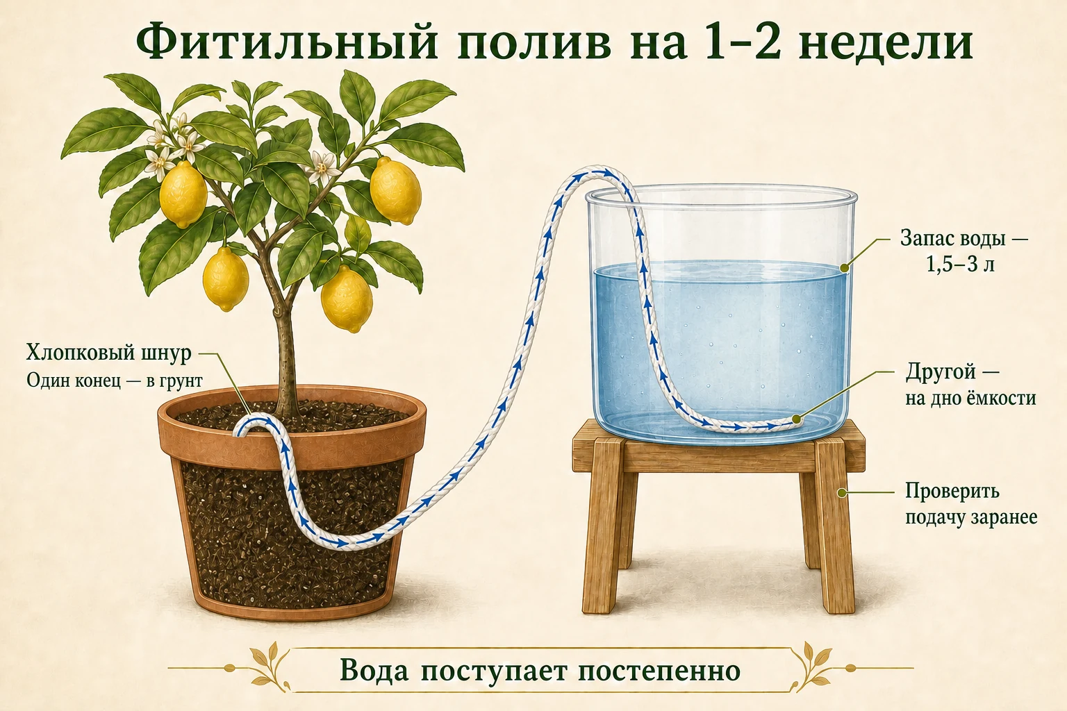 Непрерывный хлопковый фитиль проходит поверх краёв ёмкости с водой и горшка в грунт