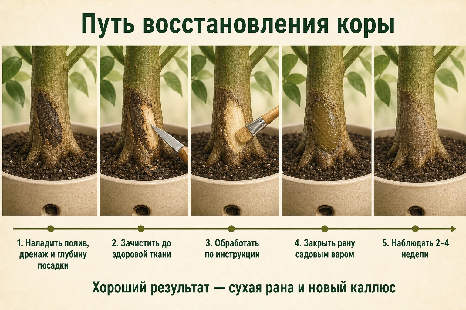 Пять этапов восстановления коры лимона при гоммозе от условий до сухого каллюса