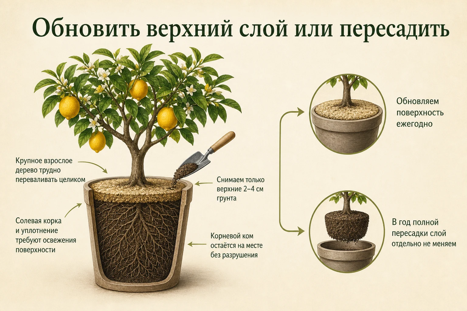 Обновление верхних 2–4 сантиметров грунта у крупного кадочного цитруса