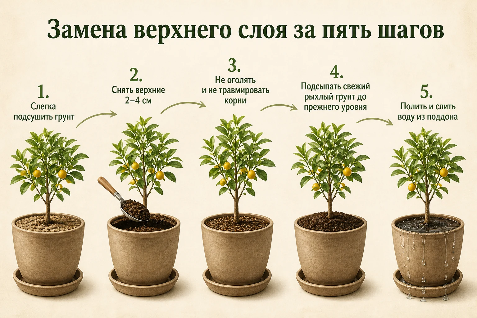 Пять шагов замены верхнего слоя грунта у крупного комнатного цитруса