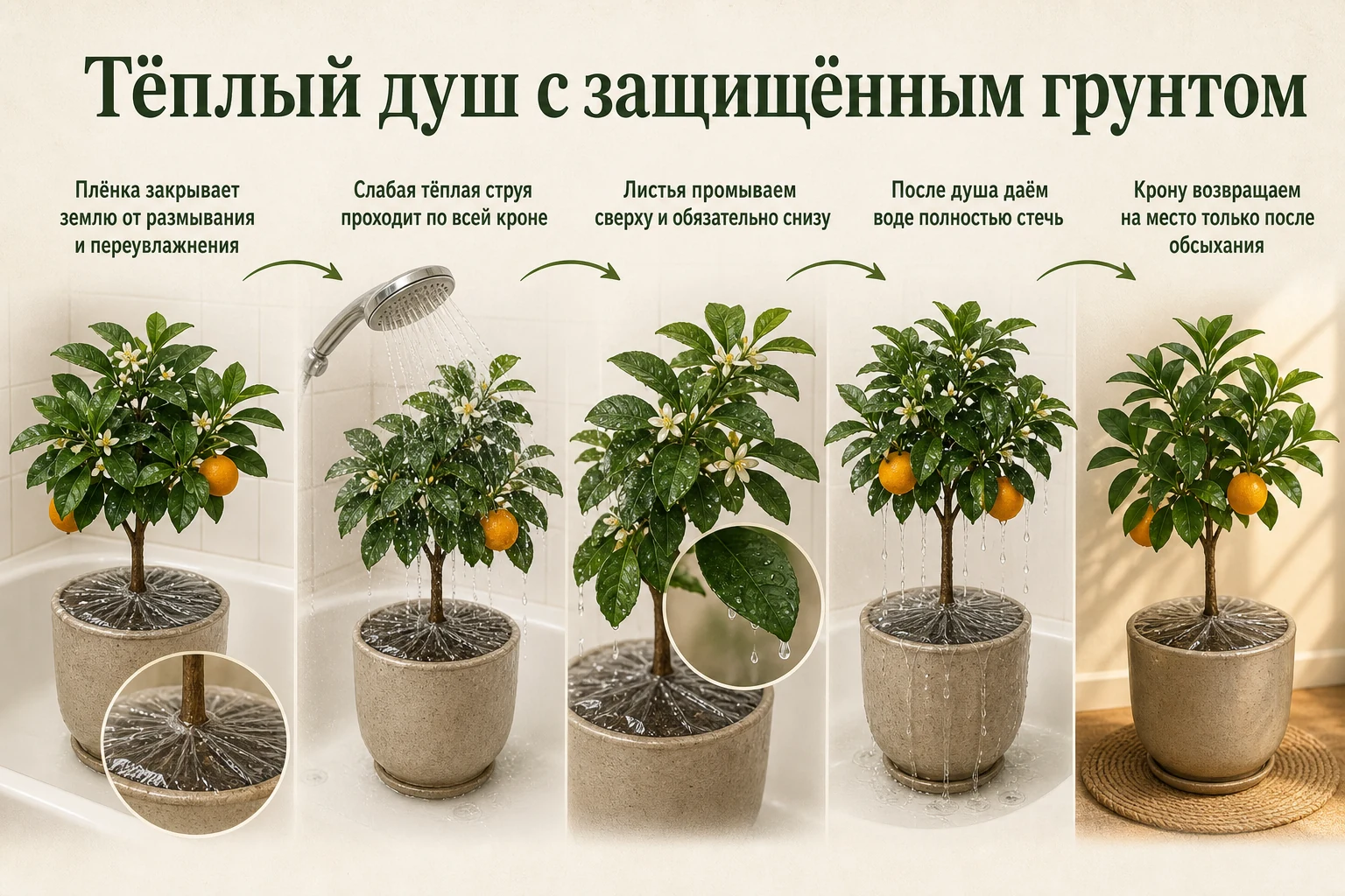 Тёплый душ для кроны цитруса с защищённым от воды грунтом