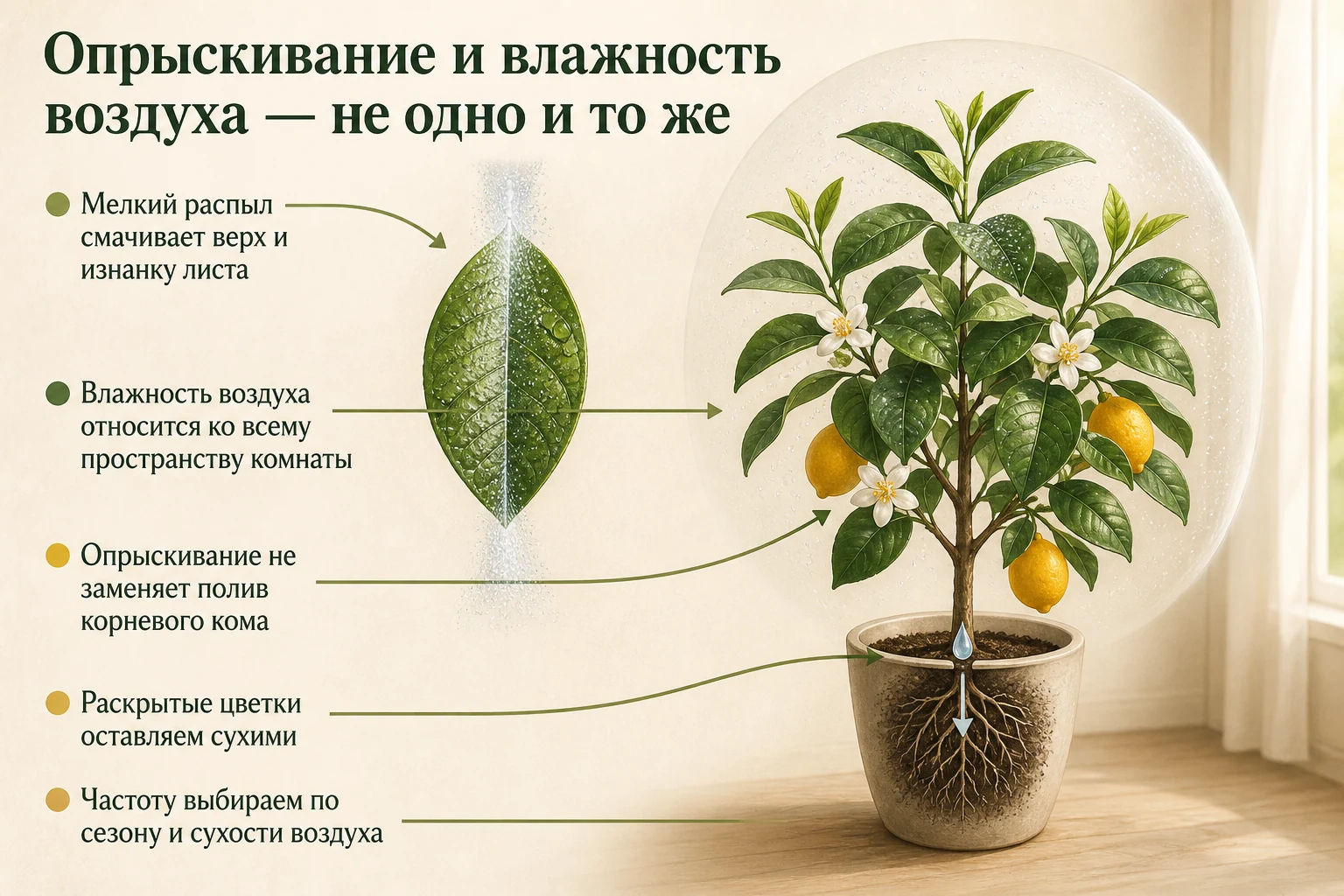 Различие между опрыскиванием листьев, влажностью воздуха и поливом цитруса