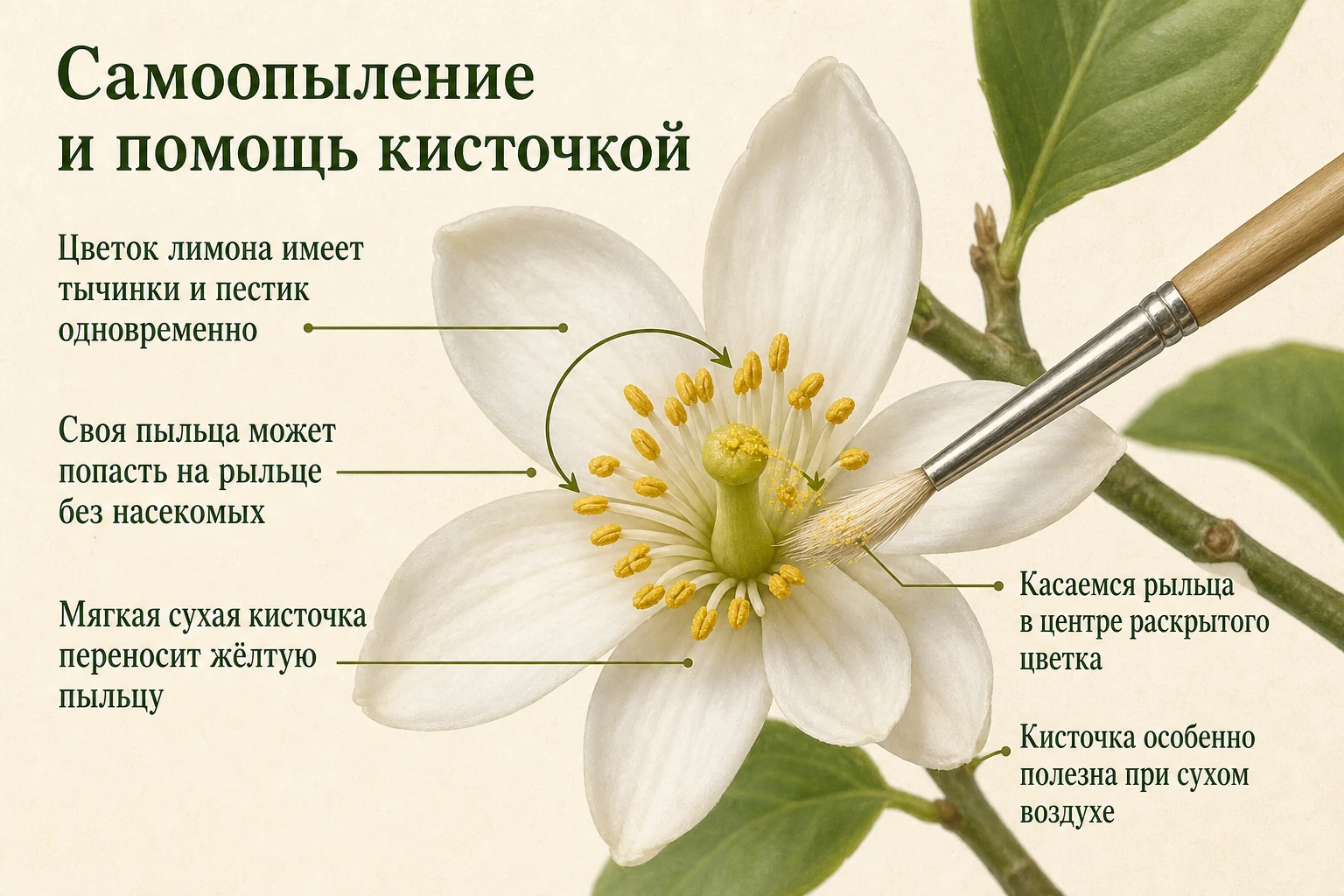 Самоопыление цветка лимона и перенос пыльцы мягкой сухой кисточкой