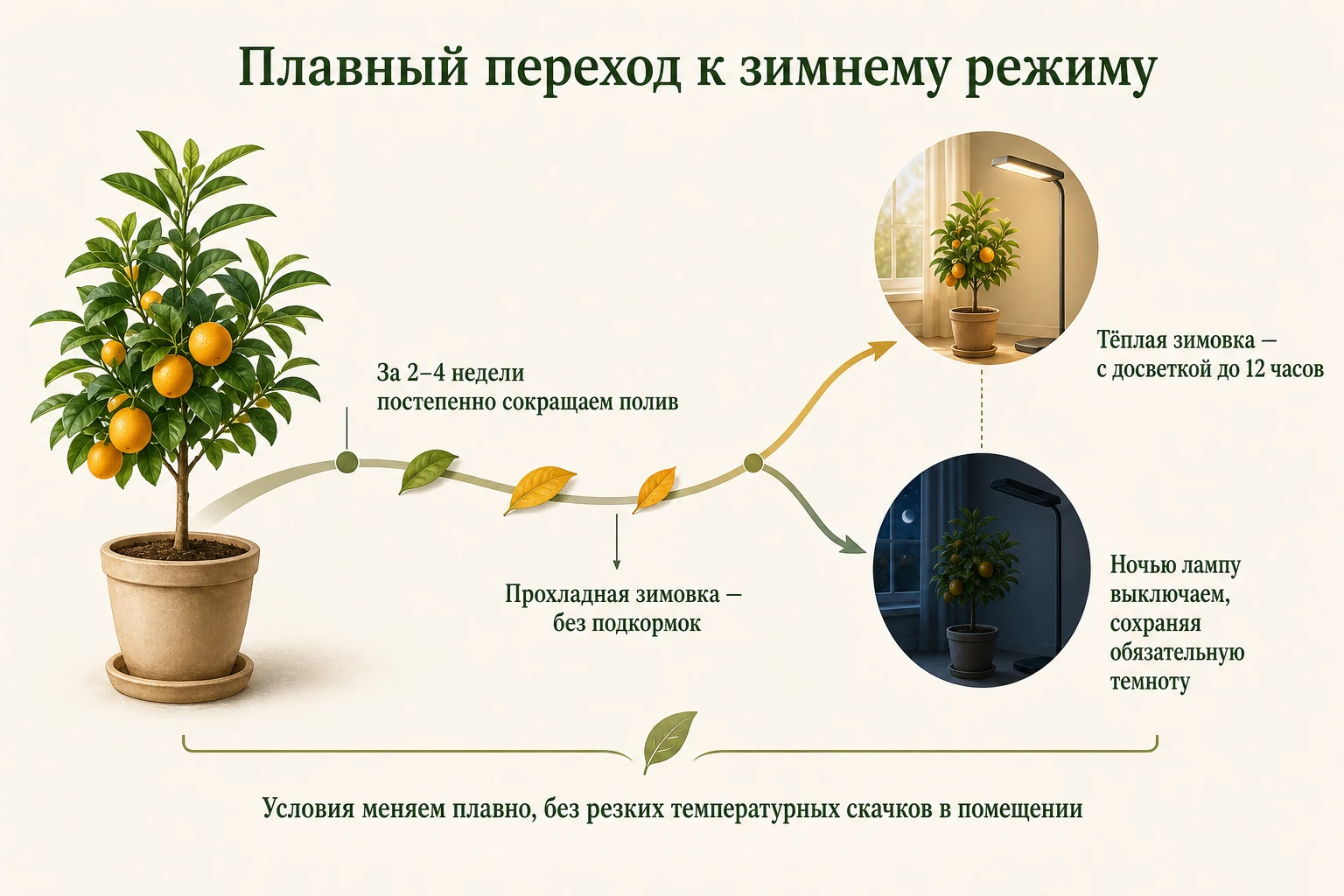 Плавное сокращение полива и выбор прохладной или тёплой зимовки цитруса