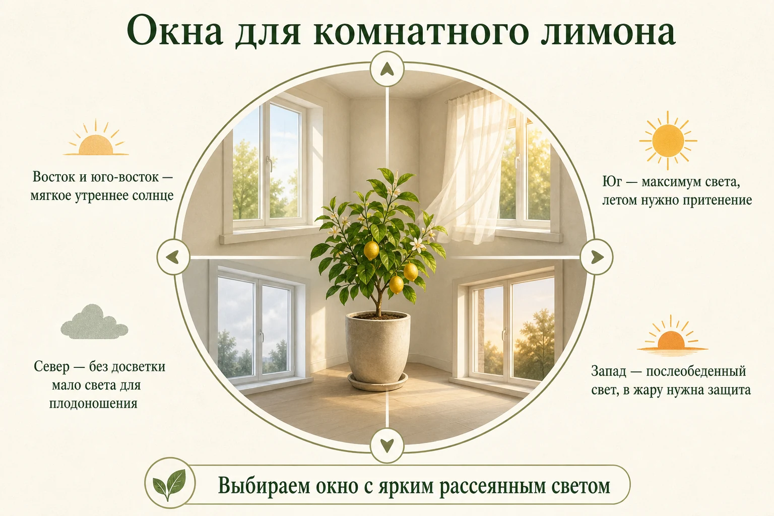 Выбор окна для комнатного лимона по сторонам света