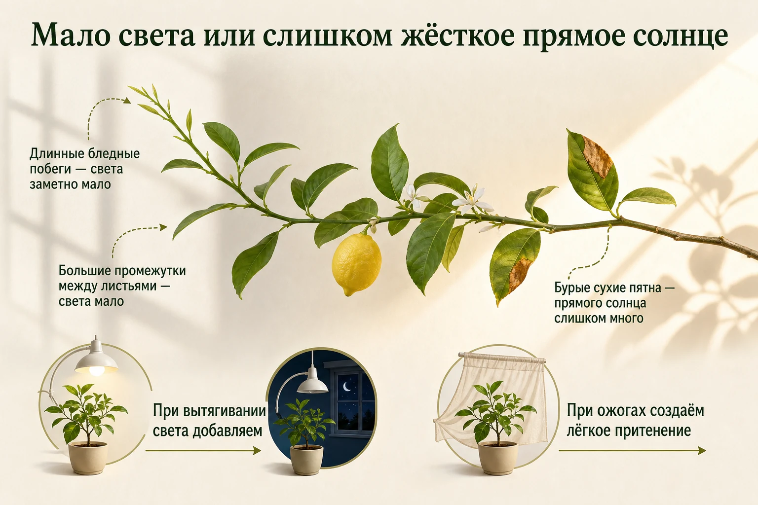 Признаки нехватки света и солнечного ожога у комнатного лимона