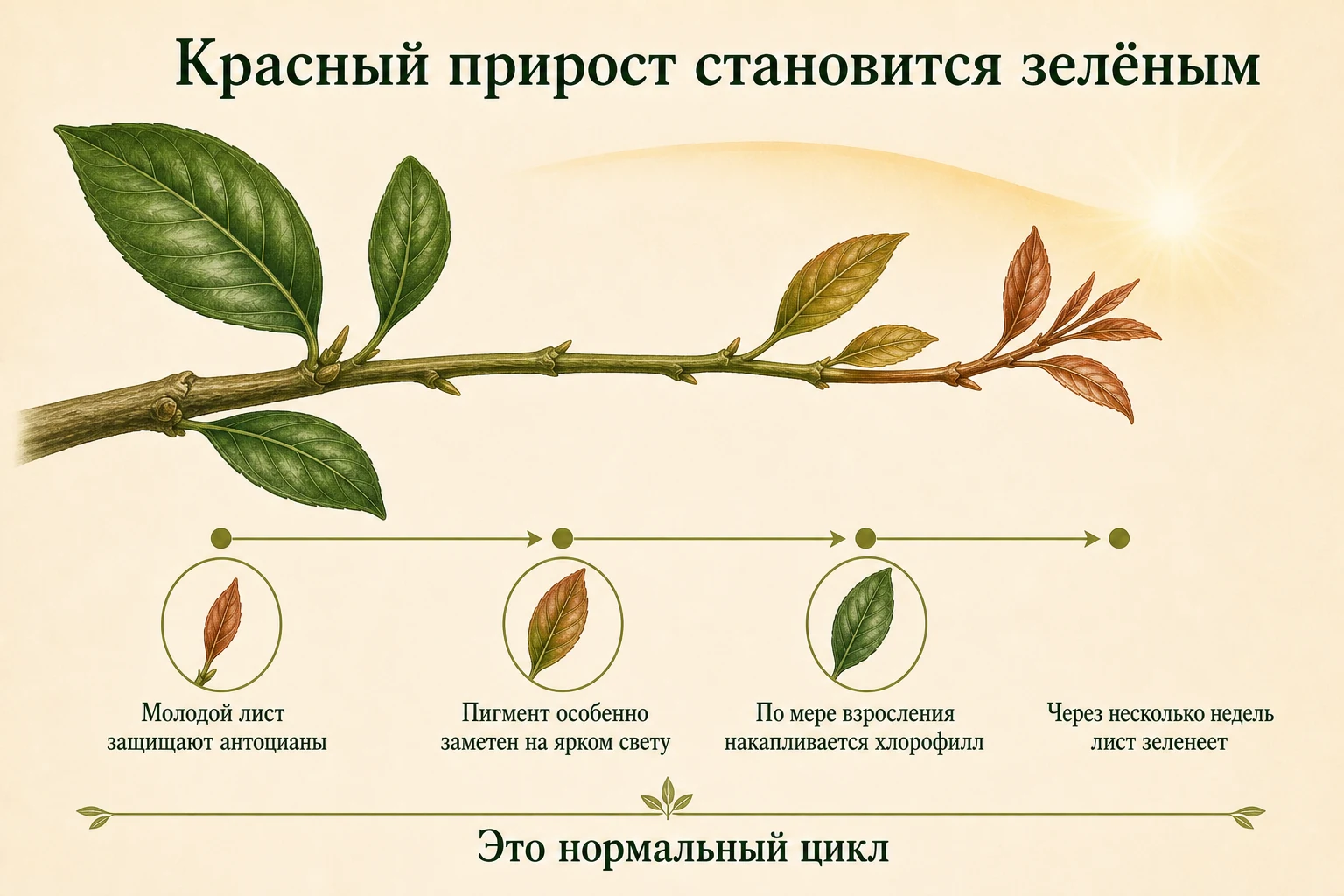 Молодой бронзовый прирост на конце ветви лимона постепенно становится зелёным по мере накопления хлорофилла