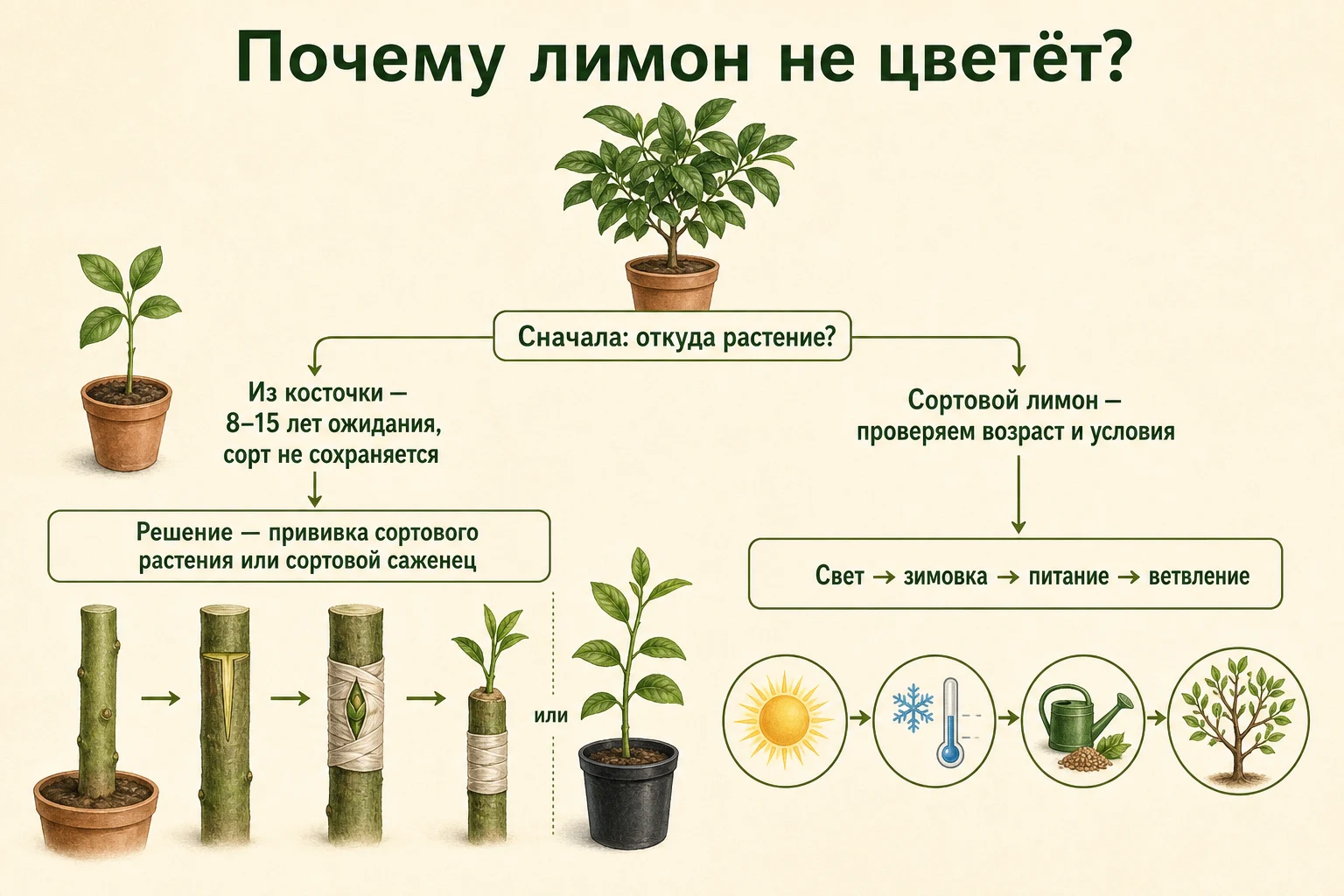 Дерево решений для лимона без цветения от происхождения растения до света и зимовки