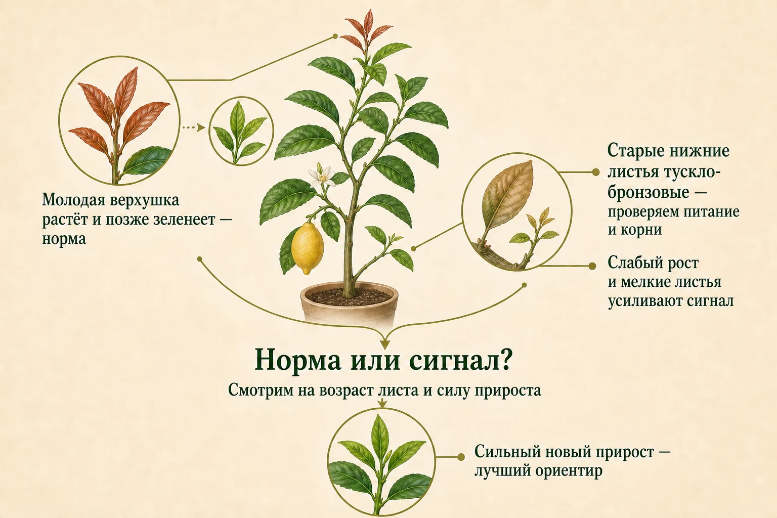 Сравнение здоровой красноватой молодой верхушки и тускло-бронзовых старых нижних листьев лимона