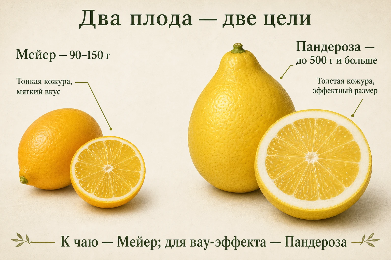 Сравнение размера, формы, кожуры и разреза плодов лимона Мейера и Пандерозы