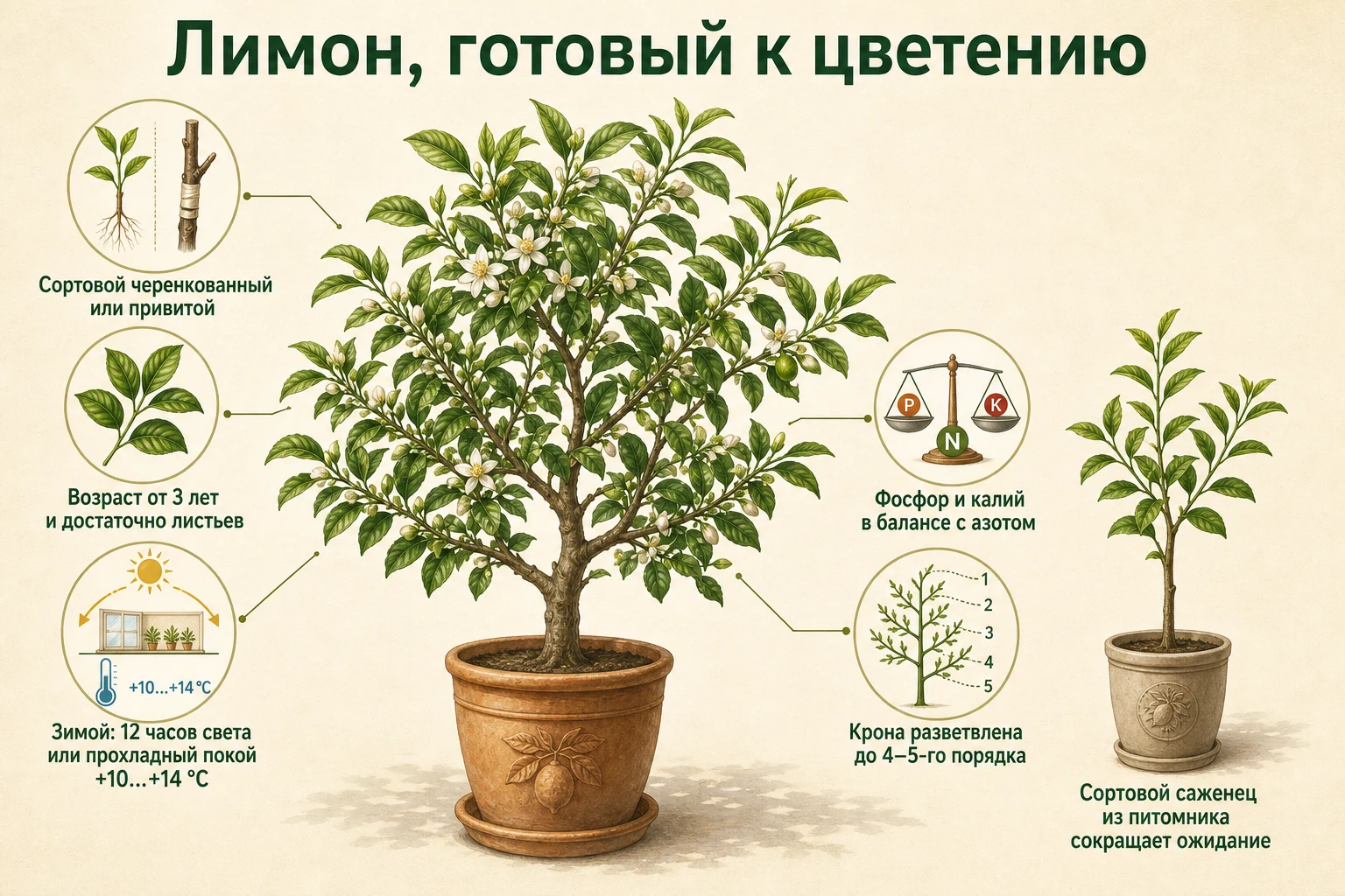 Сортовой комнатный лимон и условия готовности к цветению и плодоношению