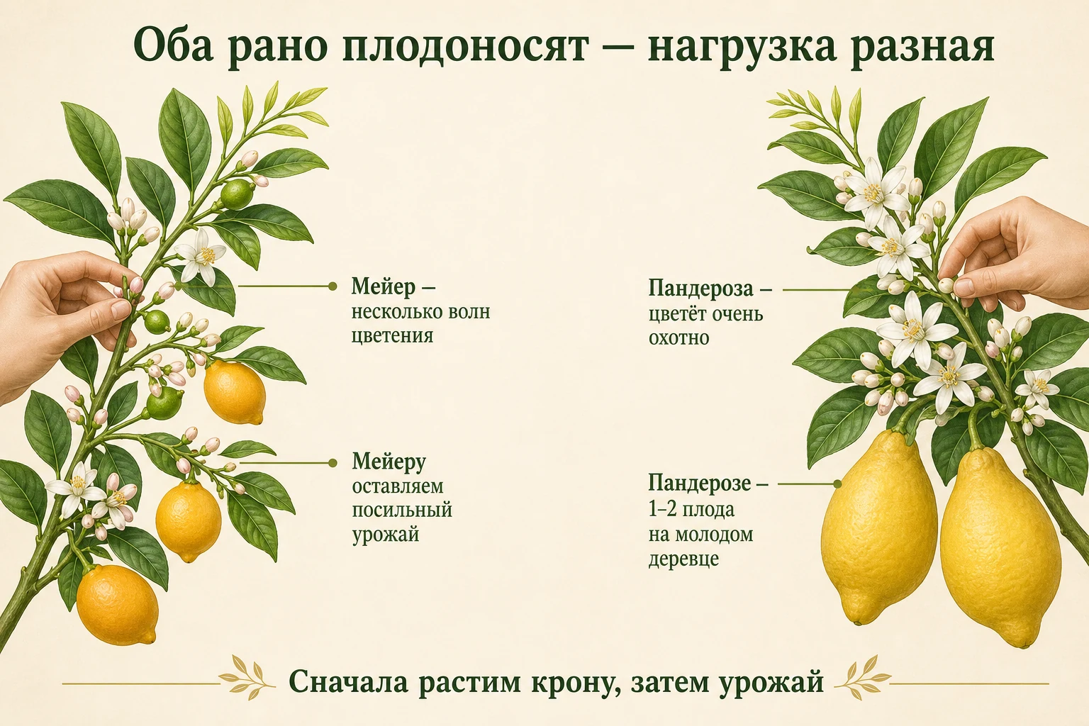 Цветы, завязи и плоды на отдельных ветвях лимона Мейера и Пандерозы