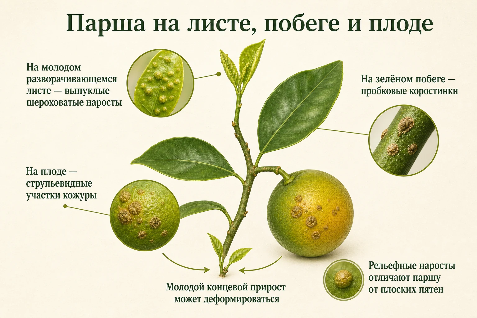 Признаки парши цитрусовых на молодом листе, побеге и плоде