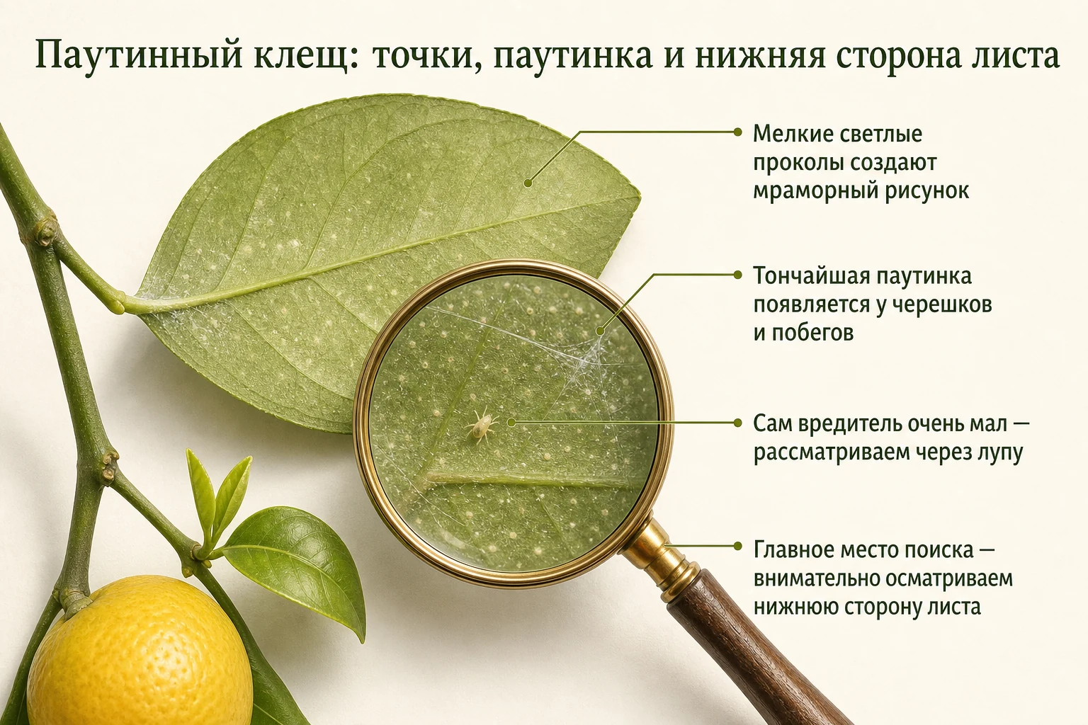 Светлые точки и тонкая паутинка на нижней стороне листа при паутинном клеще