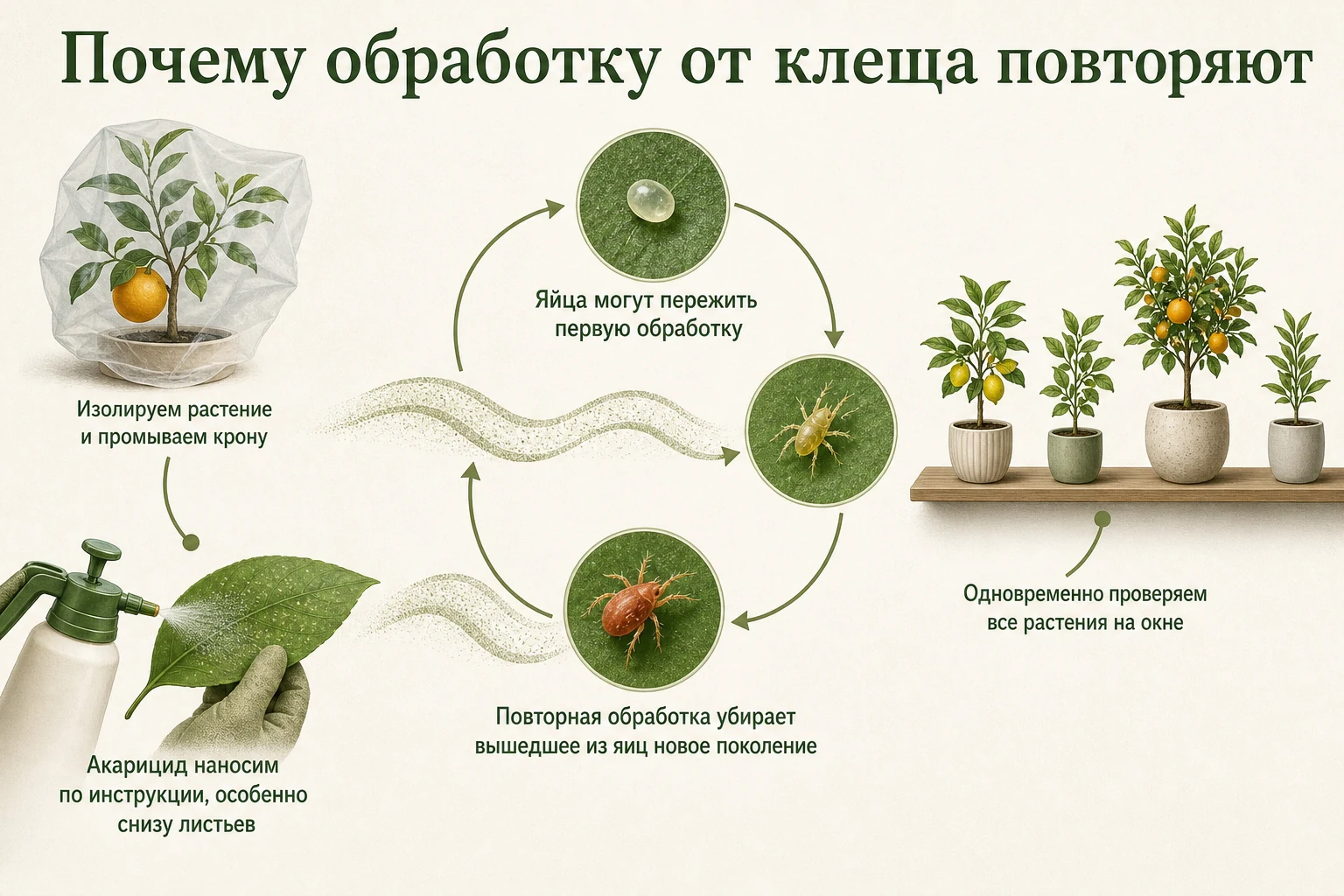 Цикл паутинного клеща и причина повторной обработки цитруса акарицидом