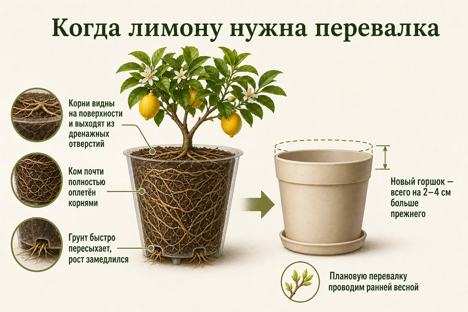 Признаки тесного горшка и выбор размера для перевалки лимона