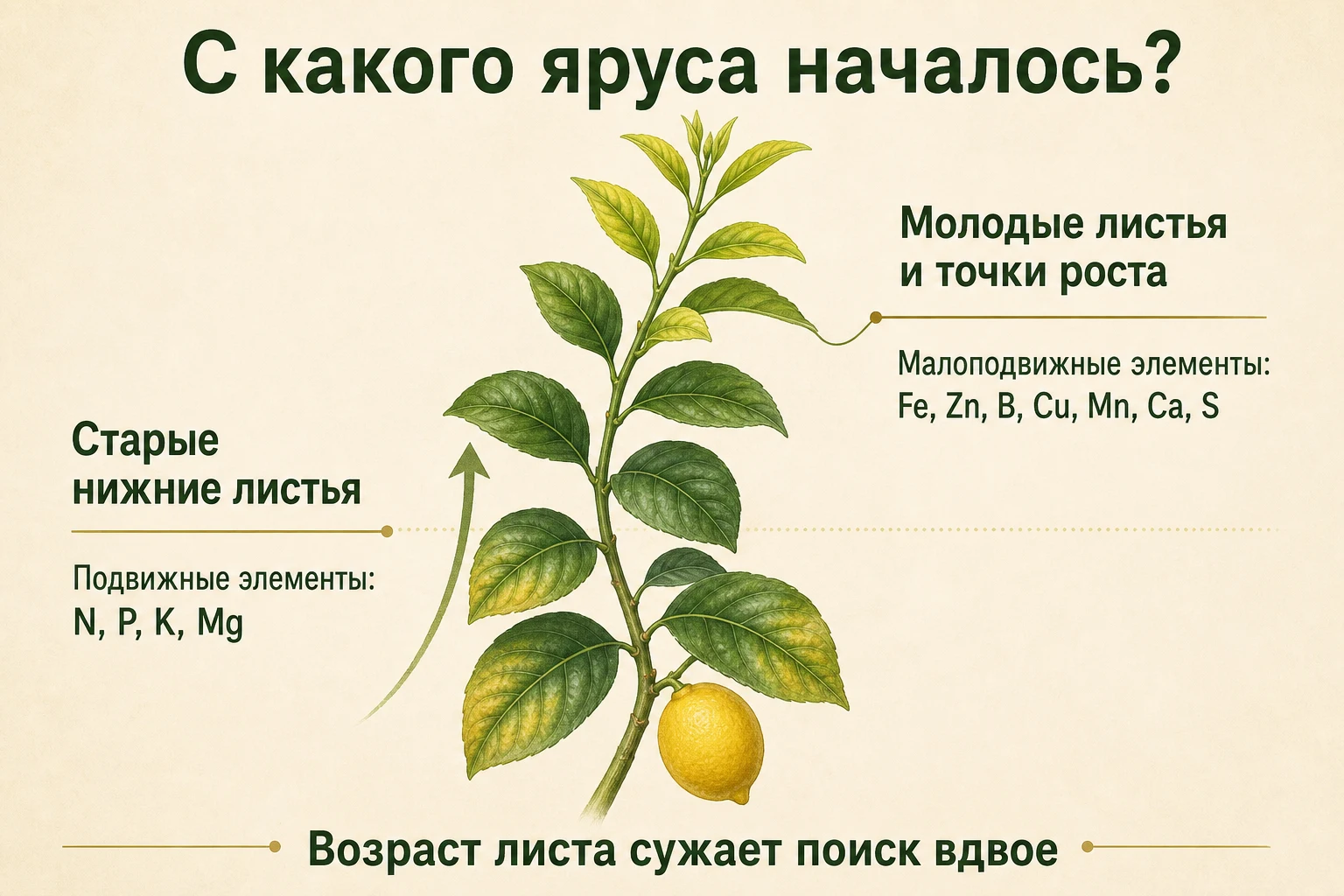 Подвижные элементы на старых листьях и малоподвижные элементы на молодом приросте лимона