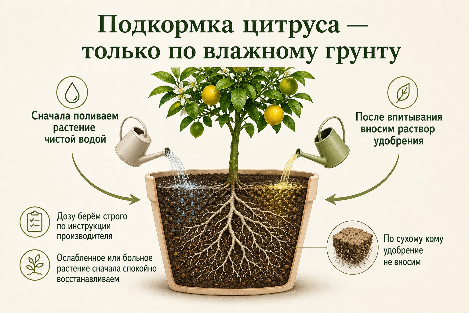 Правильная последовательность подкормки цитруса по влажному грунту