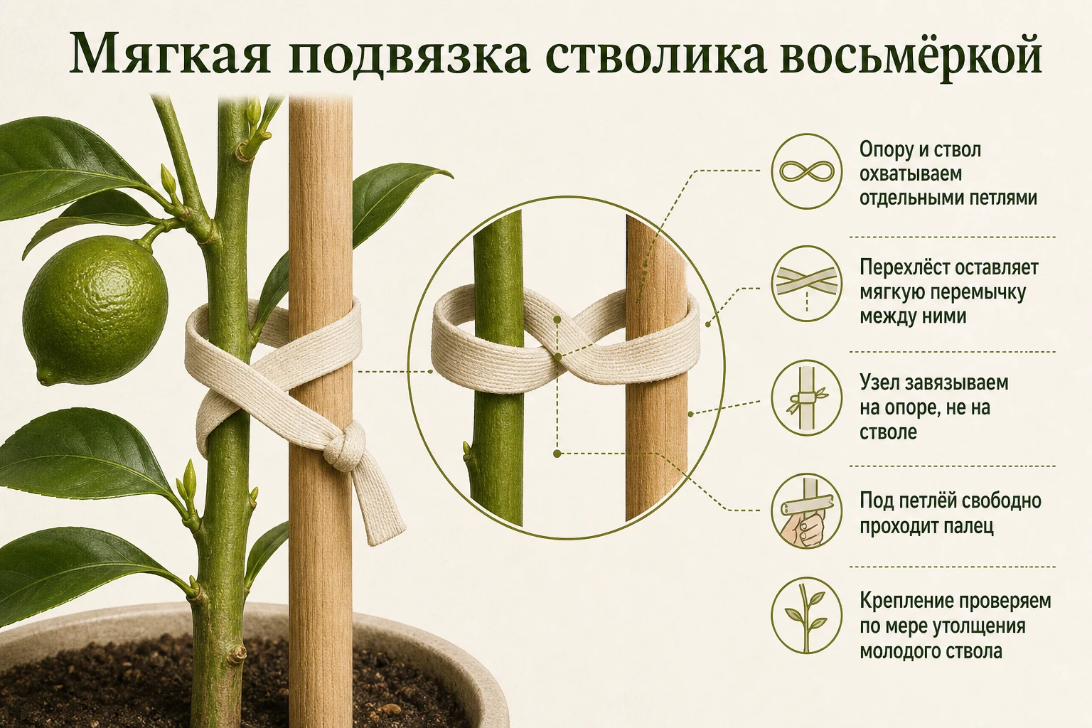 Мягкая подвязка молодого цитруса к колышку узлом восьмёркой