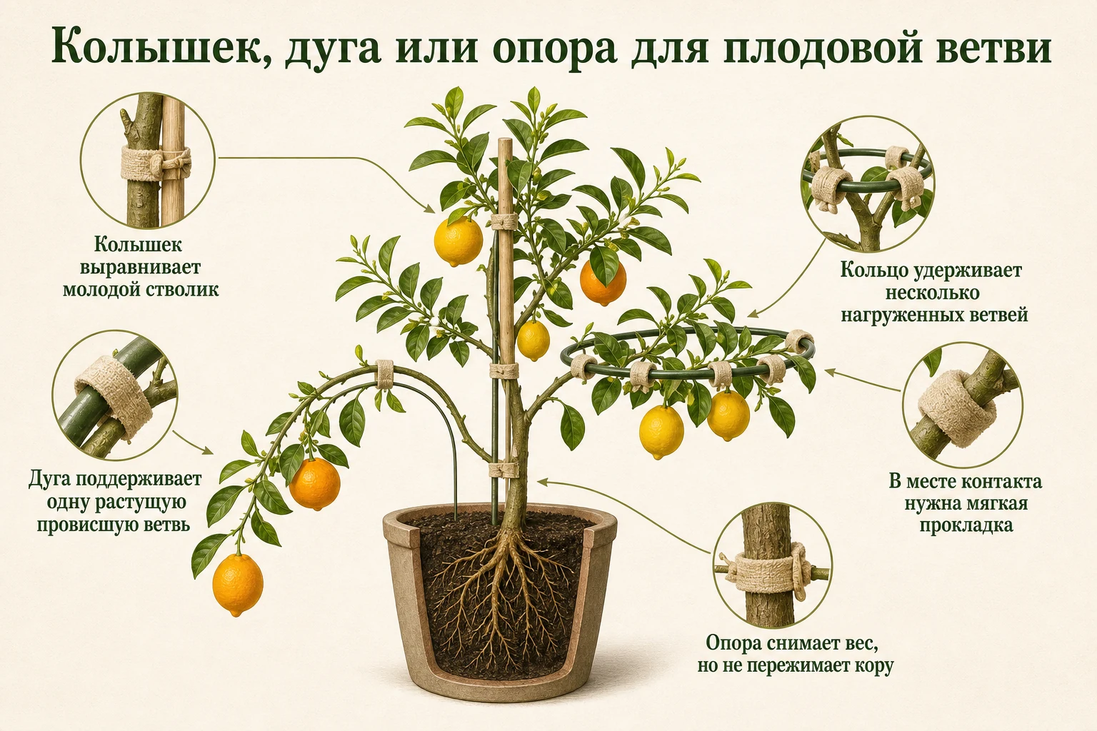 Колышек, дуга и кольцевая опора для ствола и плодовых ветвей цитруса